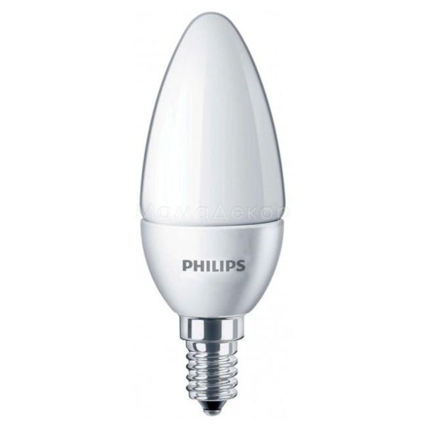 Лампа світлодіодна Philips 929001886507 потужністю 6.5W з серії Essential. Типорозмір — B35 з цоколем E14, температура кольору — 2700K