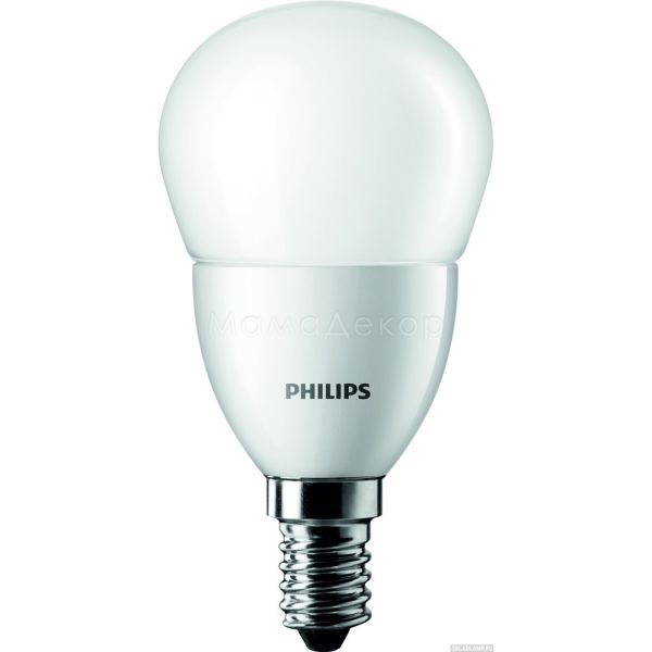 Лампа світлодіодна Philips 929001886807 потужністю 6.5W з серії Essential. Типорозмір — P45 з цоколем E14, температура кольору — 2700K
