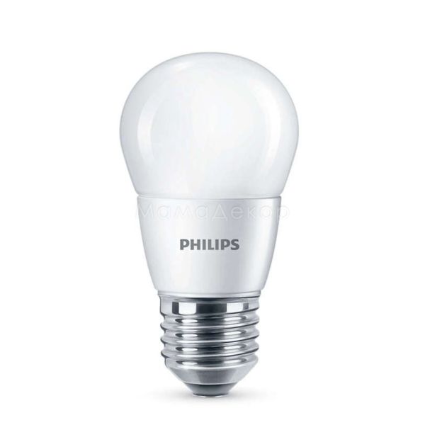 Лампа світлодіодна Philips 929001887007 потужністю 6.5W з серії Essential. Типорозмір — P45 з цоколем E27, температура кольору — 2700K