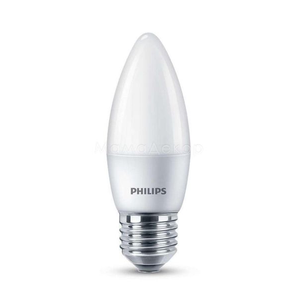Лампа світлодіодна Philips 929001887207 потужністю 6.5W з серії Essential. Типорозмір — B35 з цоколем E27, температура кольору — 4000K