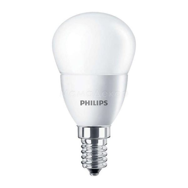 Лампа світлодіодна Philips 929001960107 потужністю 5.5W з серії Essential. Типорозмір — P45 з цоколем E14, температура кольору — 2700K