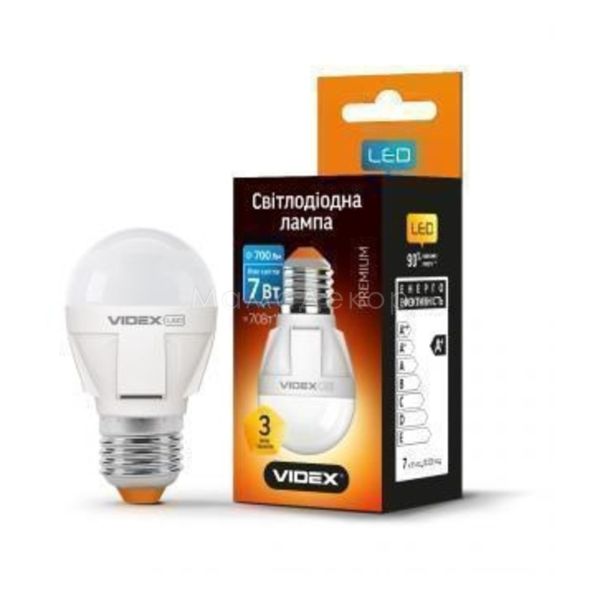 Лампа светодиодная Videx 23883 мощностью 7W из серии Premium Series. Типоразмер — G45 с цоколем E27, температура цвета — 4100K
